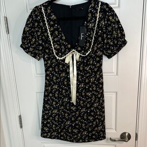 Lulu's Black Floral Dress with Lace Detail